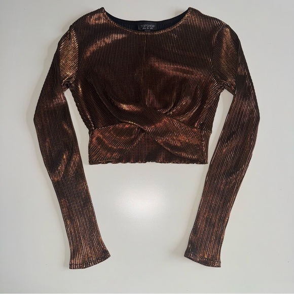 Topshop Metallic Copper Bronze Twist Front Crop Top Long Sleeve Size 2 - Picture 2 of 7
